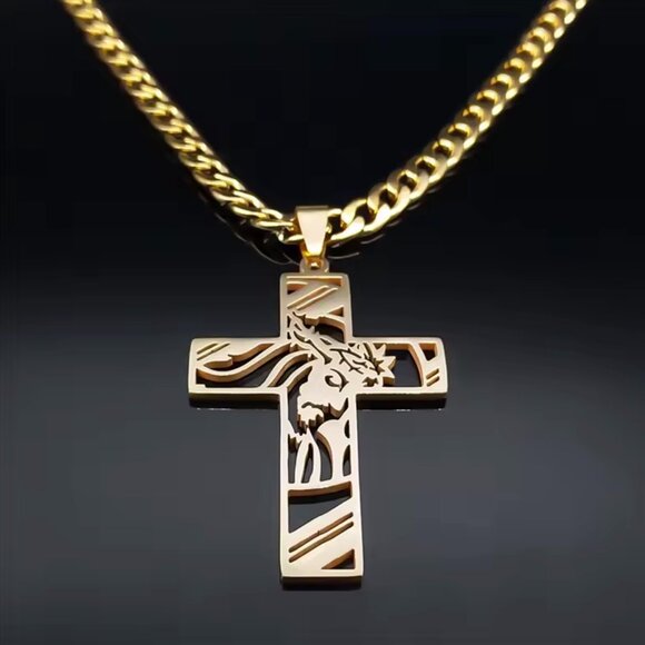 Men Stainless Steel Crown of Thorns Jesus Cross Necklace - Picture 6 of 11